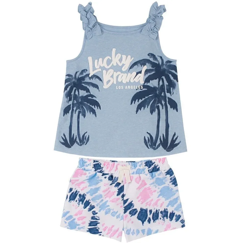 NWT 🍀 Lucky Brand Girls 2-piece Summer Top and Short Set in Blue Multi